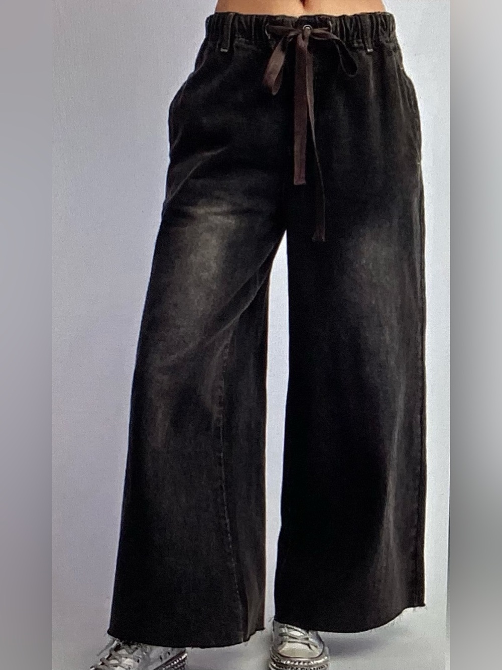 Easel Black Washed Denim Wide Leg Pants
